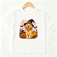 thumbnail image 1 of Halloween Witch Golden Retriever Puppy with Pumpkins Short Sleeve Crewneck Cotton Kids T-Shirt, 1 of 4
