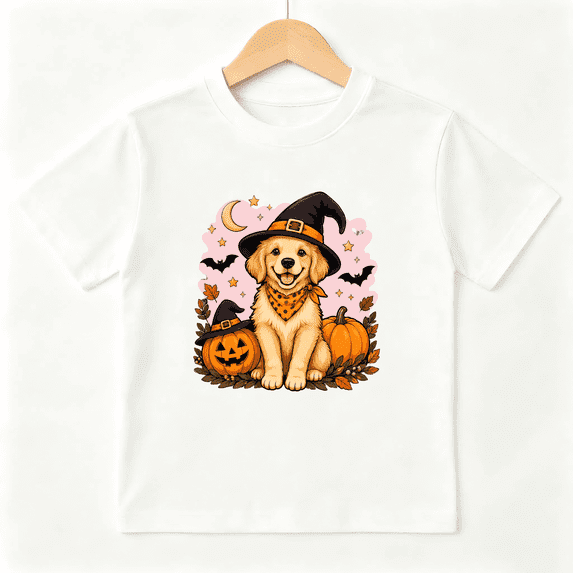 Halloween Witch Golden Retriever Puppy with Pumpkins Short Sleeve Crewneck Cotton Kids T-Shirt