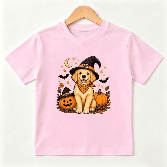 Halloween Witch Golden Retriever Puppy with Pumpkins Short Sleeve Crewneck Cotton Kids T-Shirt