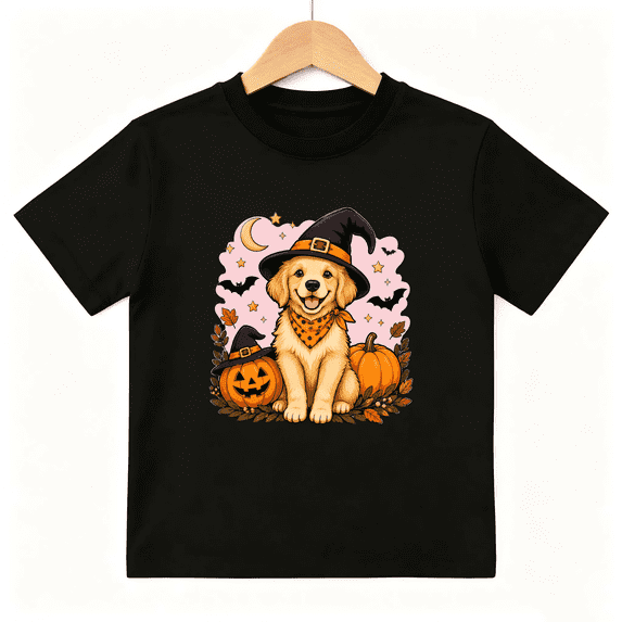 Halloween Witch Golden Retriever Puppy with Pumpkins Short Sleeve Crewneck Cotton Kids T-Shirt