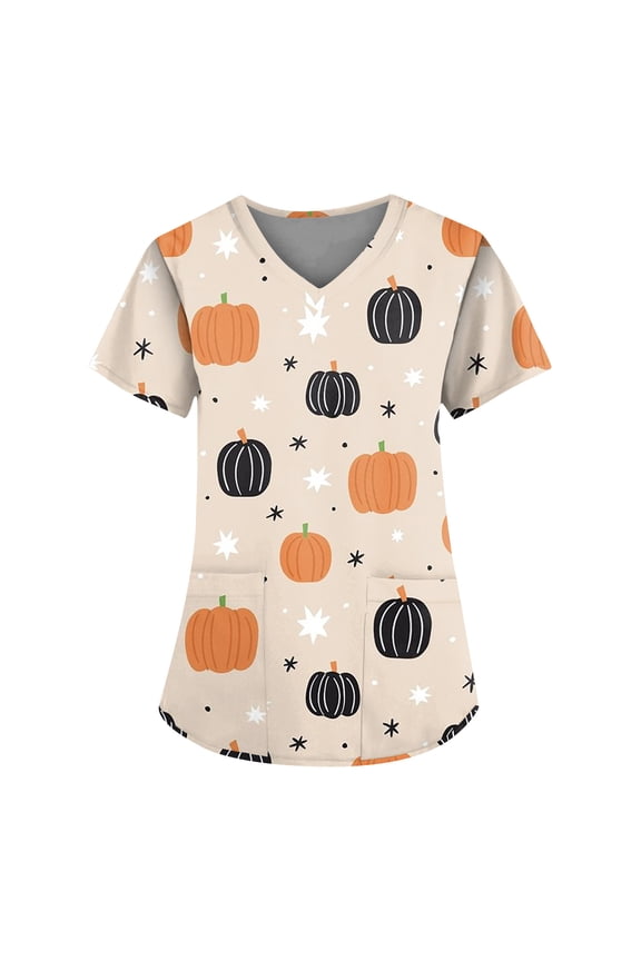 Halloween Witch Graphic Medical Scrub Tops for Women V Neck Short Sleeve Relaxed Fit Nursing Uniform With Side Pockets