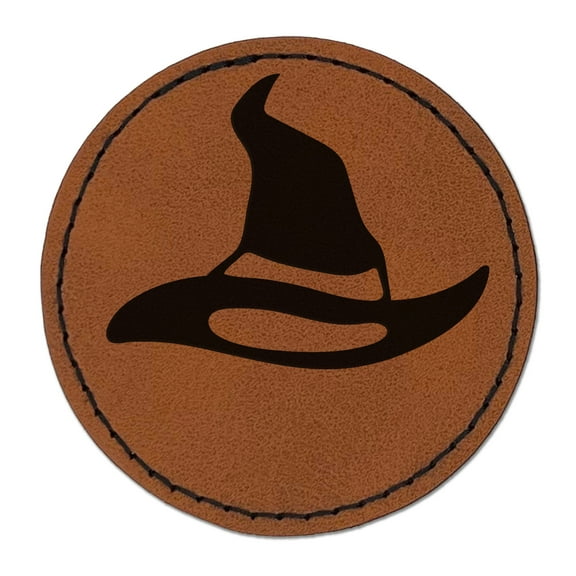 Halloween Witch Hat 2.5" Faux Leather Round Engraved Iron-On Patch - Brown