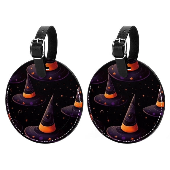 Halloween Witch Hat 2Pcs PU Leather Round Luggage Tags with Privacy Cover and Name ID Tag for Suitcase, Handbags, Backpacks, School Bags