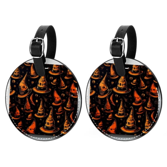 Halloween Witch Hat 2pcs PU Leather Round Bag Tags with Privacy Cover and Name ID Tag - Suitcase Tags for Travel Luggage, Handbags, Backpacks, School Bags