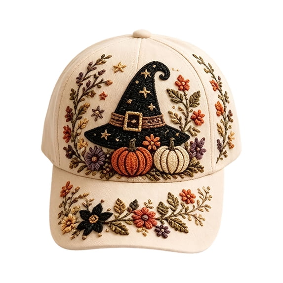 Halloween Witch Hat Baseball Cap Pumpkin Floral Embroidered Hat Fall Seasonal Snapback Cap For Party Outdoor Sport(Beige3-60Cm)