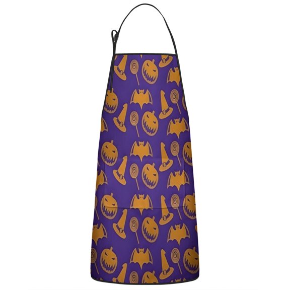 Halloween Witch Hat Bat Pattern Apron-Garden Aprons for Women with Pockets-Cotton Linen Waterproof Kitchen Cooking Gardening Aprons Adjustable for Kitchen,Cooking,BBQ and Salon 33"x27"