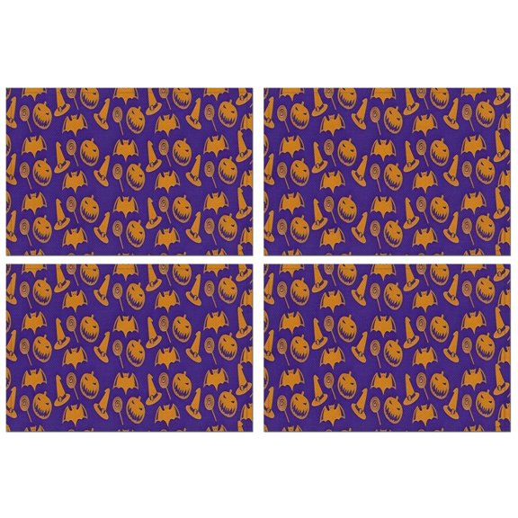 Halloween Witch Hat Bat Pattern Summer Placemats Table Placemats Set Of 4-Linen Kitchen Washable Placemats Table Mats 11.8"x17.7" Non-Slip Heat Resistant