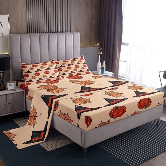 Halloween Witch Hat Bed Sheets Set Cartoon Pumpkin Botanical Leaves Sheet Set Wizard Hat Magical Theme Sheets Halloween Pumpkin Bed Set 4 Pieces Bedroom Decor, King