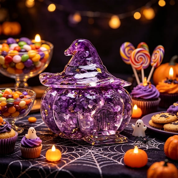 Halloween Witch Hat Candy Bowl with Lid Resin Crushed Stone Decorative Storage Jar Gothic Pumpkin Snack Holder Trinket Dish for Table Centerpiece Epoxy for Home Mantel Shelf Countertop 1 pc