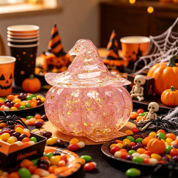 Halloween Witch Hat Candy Bowl with Lid Resin Crushed Stone Decorative Storage Jar Gothic Pumpkin Snack Holder Trinket Dish for Table Centerpiece Epoxy for Home Mantel Shelf Countertop 1 pc