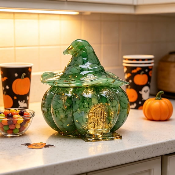 Halloween Witch Hat Candy Bowl with Lid Resin Crushed Stone Decorative Storage Jar Gothic Pumpkin Snack Holder Trinket Dish for Table Centerpiece Epoxy for Home Mantel Shelf Countertop 1 pc