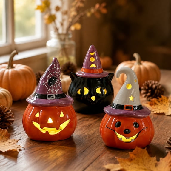 Halloween Witch Hat Ceramic Light Up Pumpkin, LED Glowing Tabletop Decor with Candle, Cute Spooky Night Light for Fall Thanksgiving, Mantel Shelf Centerpiece Gift for Home Party