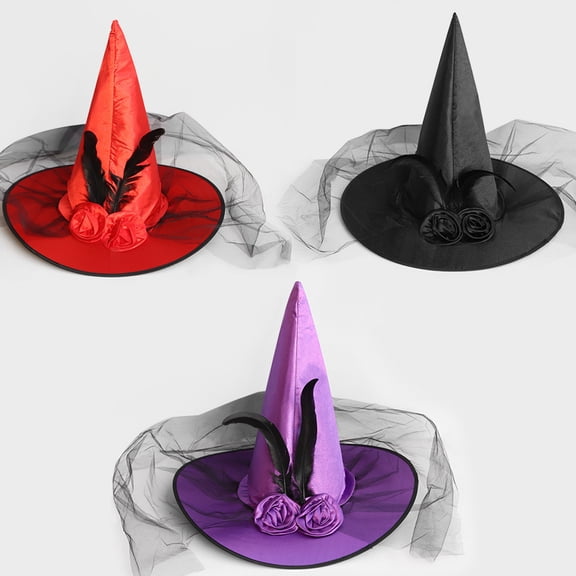 Halloween Witch Hat Decorations, Gothic Tulles Wizard Hats with Rose Party Supplies for Parties Holiday Celebration Home Birthday Wedding Decor