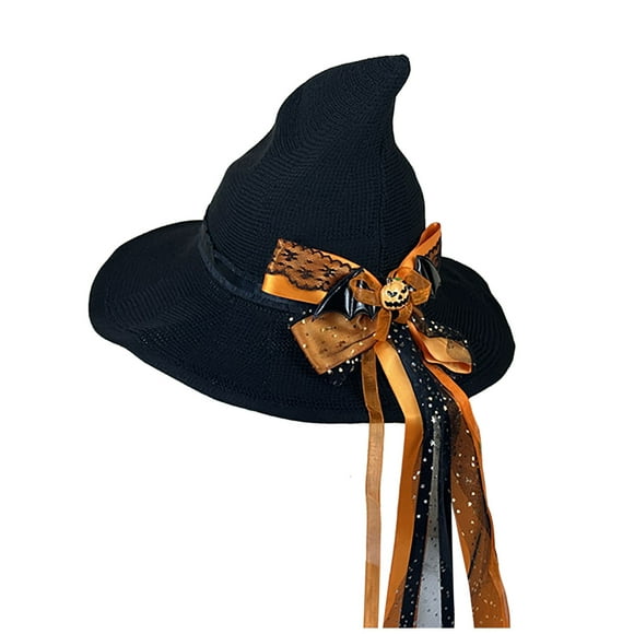 Witch Hat Felt Ruched Wizard Hat Floral Bowknot Wizard Cap Retro Knitted Witch Cap Party Supplies (Black)