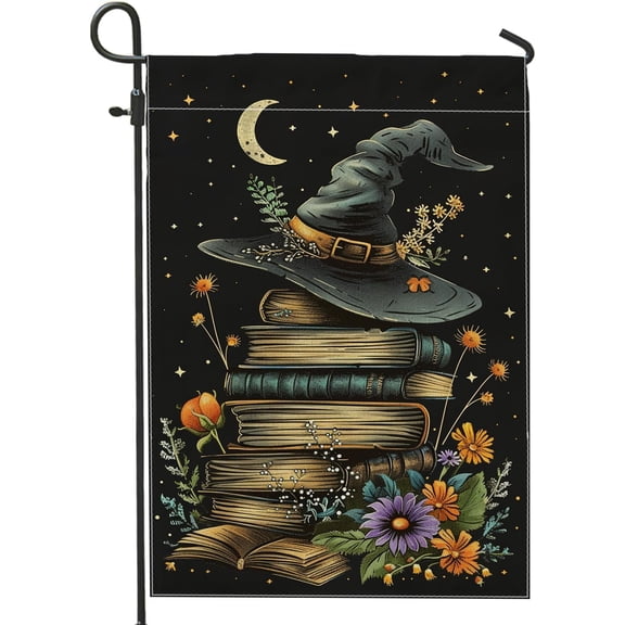 Halloween Witch Hat Garden Flag, Black Vintage Books Floral Home Decor Garden Flags, Double Sided Outdoor Yard Holiday Autumn Decoration 12x18 Inch