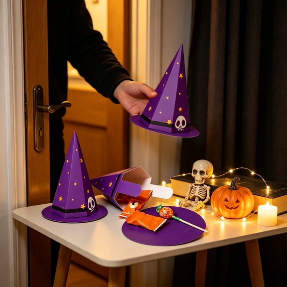 Halloween Witch Hat Gift Box, Paper Treat Box with Decorative Bow, Spooky Candy Favor Container for Sweets Desserts Party Gifts and Halloween Celebration Supplies