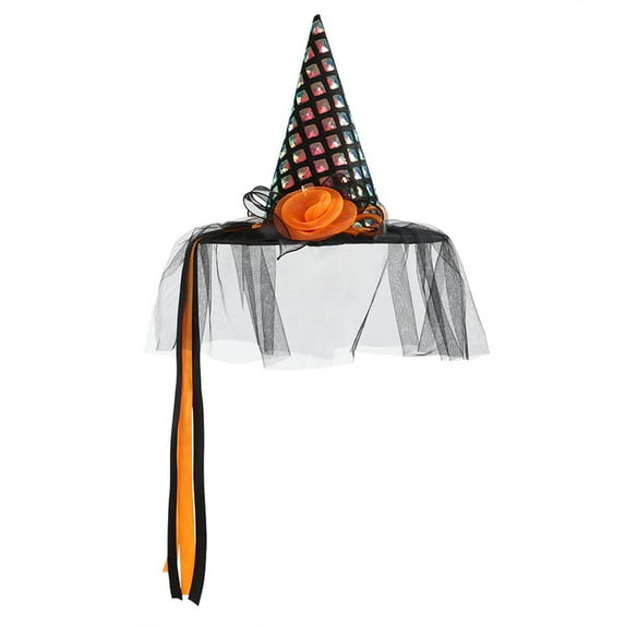 Halloween Witch Hat Glitter Sequin Wizard Hat with LED Flower Cosplay Hat Classic Costume Accessory