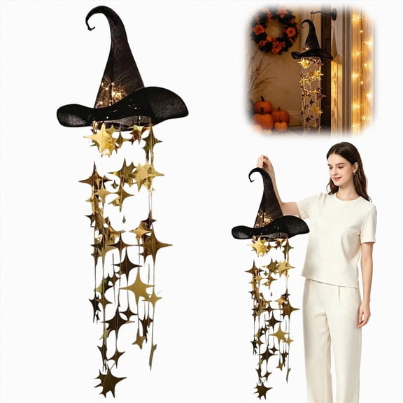 Halloween Witch Hat Hanging Decor Light,Glowing Witch Hat Hanging Decoration with Warm Star Tassel,Lighted Witch Hat Hanging Chandelier,Warm LED Witch Hat Hanging,Pre‑Lit Witch Hat Hanging Light