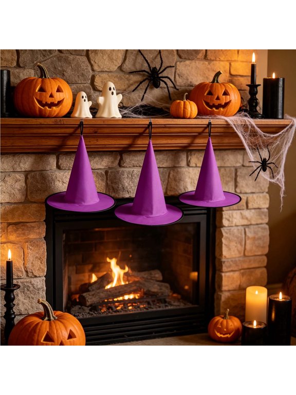 Halloween Witch Hat Hanging Ornament 15 Inch, Purple Wizard Hat Decor for Party Wall Door, Classic 3D Fabric Cone Hat