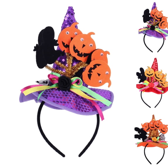 Halloween Witch Hat Headband for Kids Sequin Pumpkin Decor Hair Hoop Colorful Ribbon Cloth Hair Accessory for Masquerade Theme Party Supplies,One Size,Purple