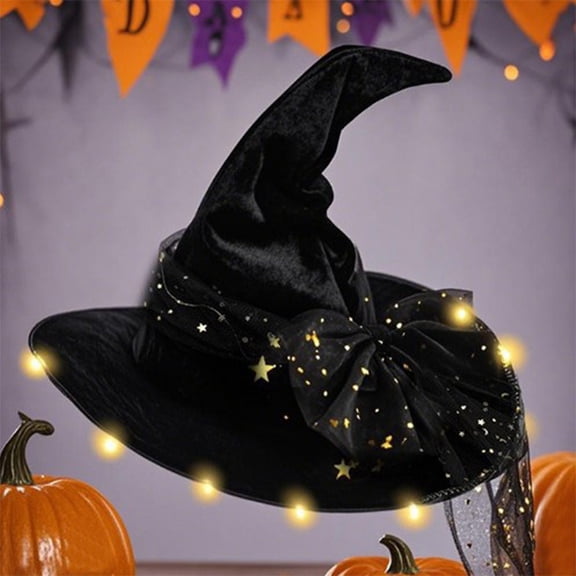 Halloween Witch Hat with LED Lights, Pleated Velvet Witch Costume Hat for Party Accessories, Spooky Makeup Prop for Cosplay Masquerade Festival Celebration and Halloween Dress Up