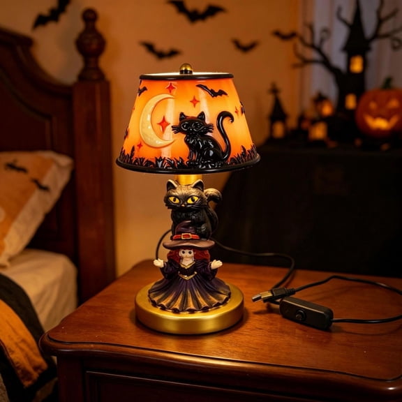 Halloween Witch Hat LED Night Light, Gothic Witch Table Lamp with Black Cat, Moon and Star Lampshade, Vintage Witchy Decor for Indoor Shelf, Mantel, Tabletop and Halloween Party Decoration