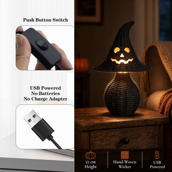Halloween Witch Hat Lamp, 10.7in Woven Rope Slouchy Silhouette With Black Velvet Bow And 3-Color Plug-In Glow, Textured Boho Accent For Mantel Bedside 1