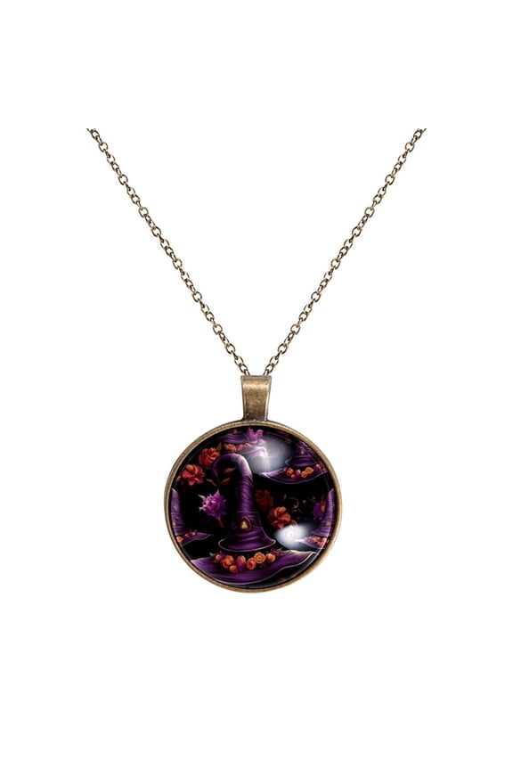 Halloween Witch Hat Necklace Personalized Custom Photo Round Pendant Adjustable Stainless Steel Necklaces with Gift Box for Men Women Mothers Valentine's Jewelry Gift