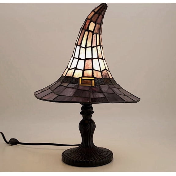 Halloween Witch Hat Night Light, USB Powered Stained Glass Desk Lamp, Crackr Retro Resin Wizard Hat Gothic Decor for Home, Berrl Shelf & Office