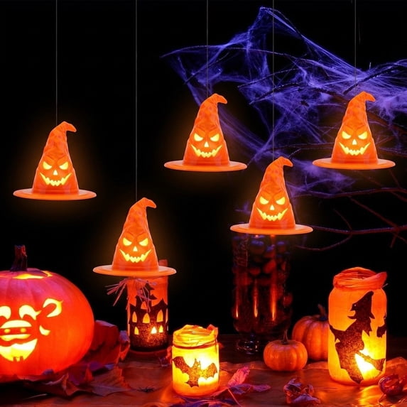 Halloween Witch Hat Ornament, Light Up Halloween Decorations Hanging Witch Hat with LED Candle, Realistic Flickering Witch Hat Night Light for Outdoor Garden Party Decor