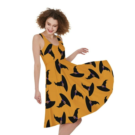Halloween Witch Hat Pattern Print Sleeveless Knee Length Dress, Halloween Decorative Fashion Summer Maxi Dress For Women