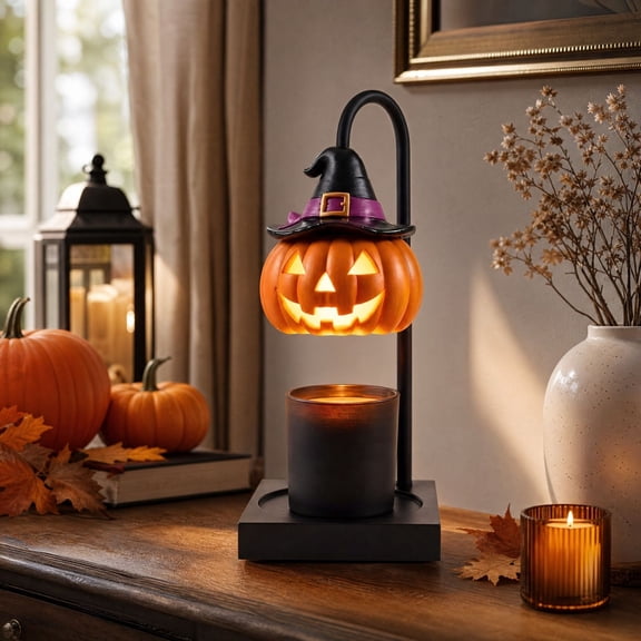 Halloween Witch Hat Pumpkin Candle Warmer Lamp, Dimmable Timer Height Adjustable Jar Candle Wax Melter, Flame‑Free Iron Frame Home Decor Gift For Women