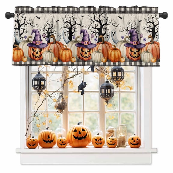 Halloween Witch Hat Pumpkin Curtain Valances for Kitchen Windows,Rod Pocket Short Valance Bat Tree Buffalo on Burlap Small Window Treatment for Living Room Bathroom Bedroom,54" x 18"-1 Panel