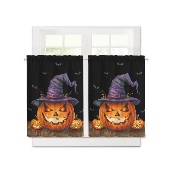 Halloween Witch Hat Pumpkin Short Blackout Curtains 36 Inch Long,Bat on Black Background Rod Pocket Kitchen Curtains,2 Panels Thermal Insulated Room Darkening Drapes for Bedroom,30"Wx36"L