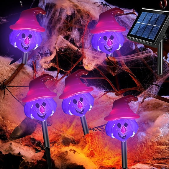 Halloween Witch Hat Pumpkin Solar Stake String Lights 5 Pack Purple LED Witch Pumpkin Ground Lights with Separated Solar Panel Waterproof Outdoor Pathway Lights for Yard Lawn Graveyard Decor