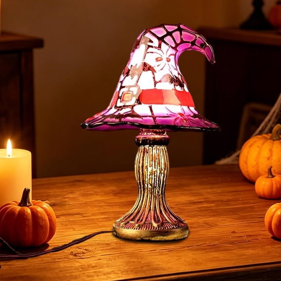 Halloween Witch Hat ,Resin Lamp, USB Powered Luminous Table Ornament, Orange Purple Seasonal Decor Light for Party Hotel, Holiday Gift