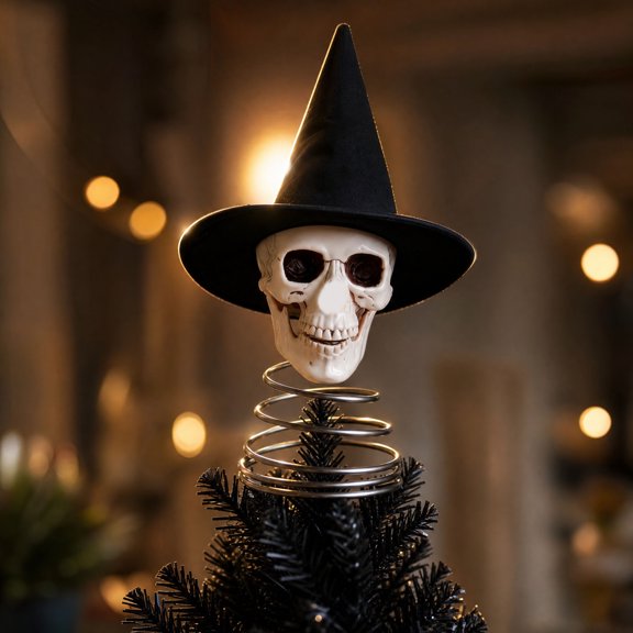 Halloween Witch Hat Skeleton Tree Topper, Gothic Metal Spring Base Skeleton Head Ornament, Spooky Halloween Tree Top Decor for Indoor Party Home Table Display