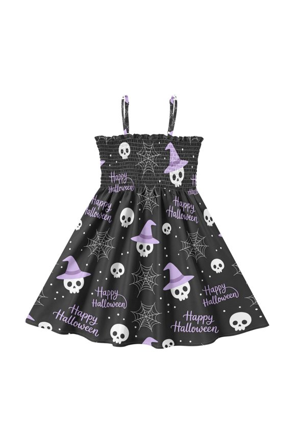 Halloween Witch Hat Skulls Araneid Web Girl's Adjustable Cami Dress Casual Sundress Smocked Ruffle A-Line 4T