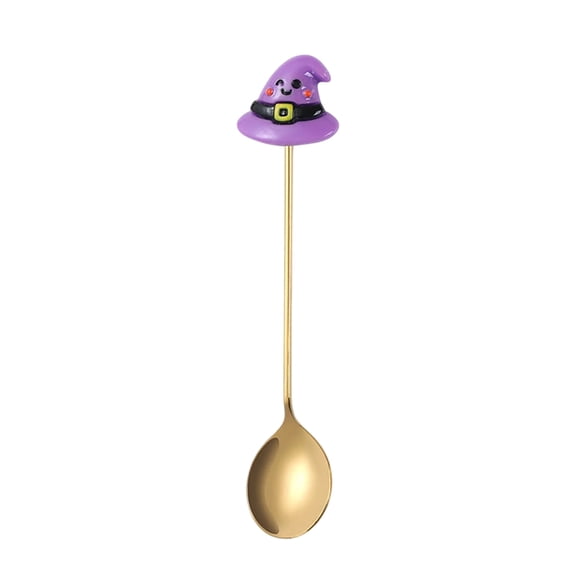 Halloween Witch Hat Spoon, Golden Stainless Steel Stirring Spoon with Purple Witch Hat Topper