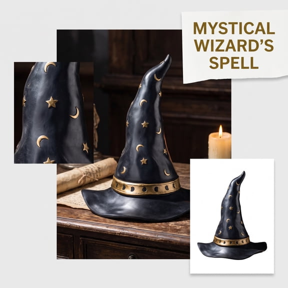 Halloween Witch Hat Statue, Black Resin Figurine with Gold Accents, Gothic Home Decor for Shelf Mantel Tabletop, Dark Academia Aesthetic Ornament, Stable Base Party Prop