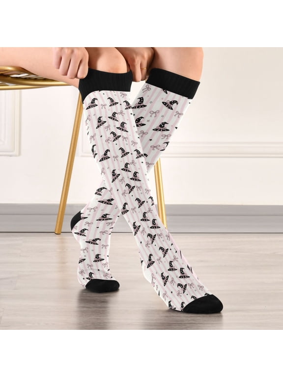 Halloween Witch Hat Stripes Bows Stars Compression Stockings Knee High Socks Unisex 1 Pair