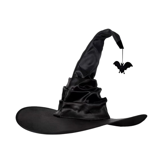 Halloween Witch Hat, Stylish Black Wide Brim Pleated & Crooked Witch Hat with Bat Design, Halloween Costumes