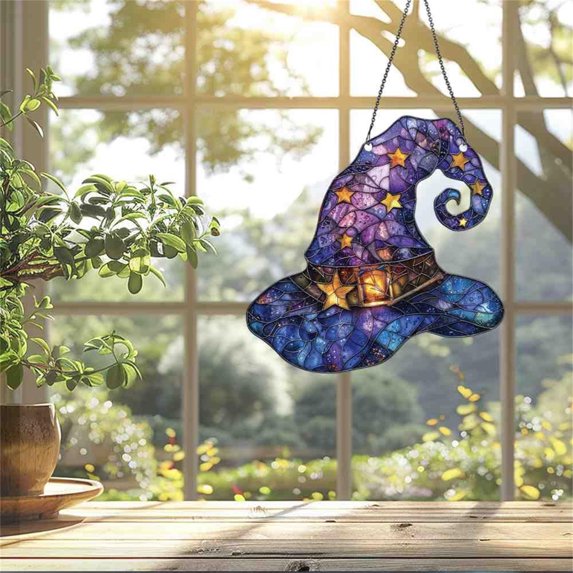 Halloween Witch Hat Sun Catcher, 2D Acrylic Magical Hat Hanging Ornament, Charming Stained Glass Wall Art Hanging Ornament for Home Halloween Party Decor
