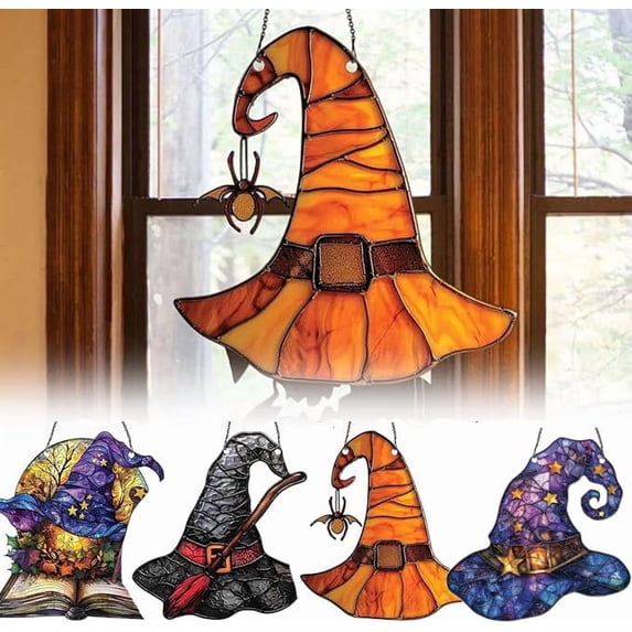 Halloween Witch Hat Sun Catcher, 2D Acrylic Magical Hat Hanging Ornament, Charming Stained Glass Wall Art Hanging Ornament for Home Halloween Party Decor