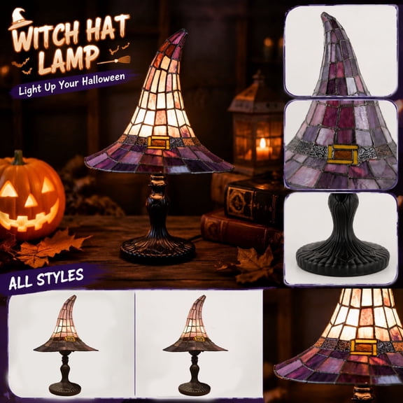 Halloween Witch Hat Table Lamp, 11.8" Vintage Resin Wizard Hat Desk Light, Gothic Halloween Decor Lamp for Bedroom Fireplace Living Room Holiday Atmosphere Lighting