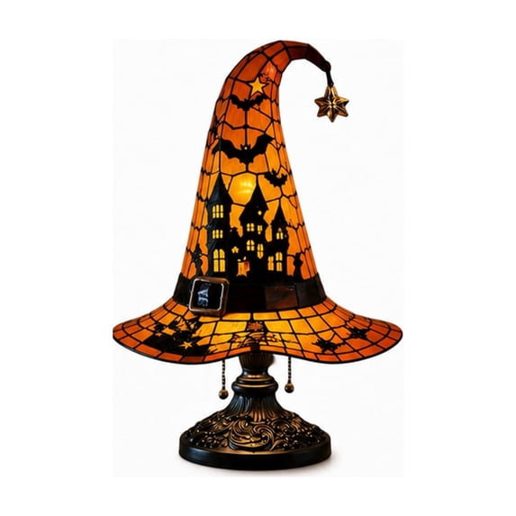 Halloween Witch Hat Table Lamp, Stained Glass Style Resin Night Light, Decorative Tabletop Lamp for Mantel, Shelf, Home, Halloween Party Decorations