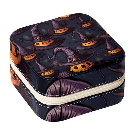 Halloween Witch Hat Travel Portable Jewelry Stand and Organizer Box - Square Storage Box for Rings, Earrings, Necklaces, Bracelets, and More - Suitable for Girls and Women - Jewelry Boxes for Travel