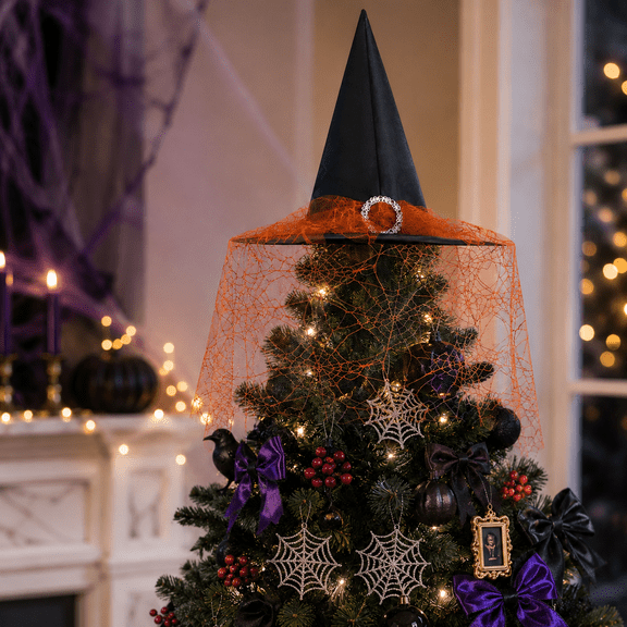 Halloween Witch Hat Tree Topper, 21-Inch Black and Purple Gothic Tree Crown with Spiderweb Lace Veil for Indoor Home Party and Mantel Decor