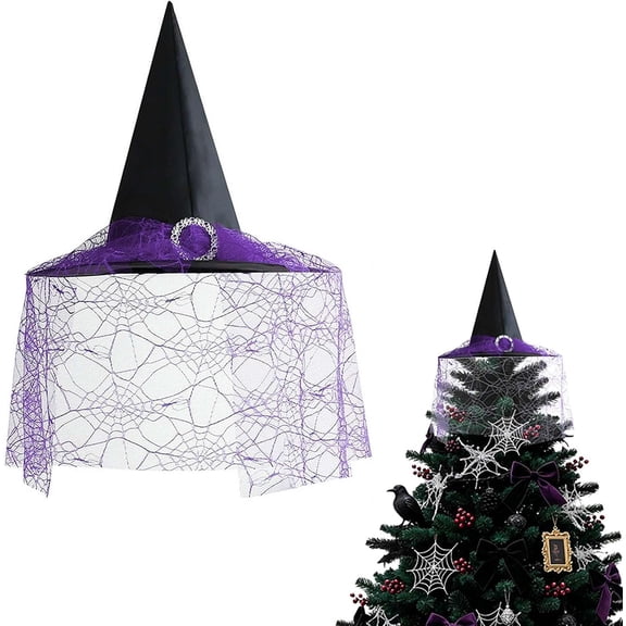 Halloween Witch Hat Tree Topper, Purple Spider Web Decor, 21.2 In, 1 Pack