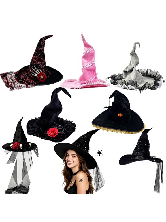 Halloween Witch Hat for Women Adult, Halloween Golden Trim Wizard Hat with Spider Floating Costume Accessory for Adults Party Cosplay, Wicked Witches Hats